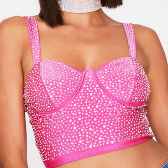 Banjul by Dolls Kill Hot Pink Crystal Crop Tank La - Picture 1 of 6